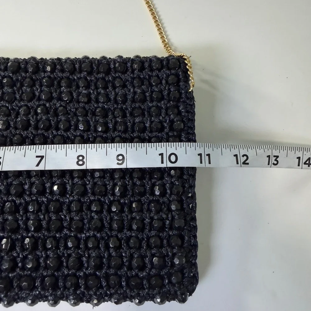 Fashion Imports Vintage Black Beaded Crochet Clutch Bag Gold Chain Made in Italy